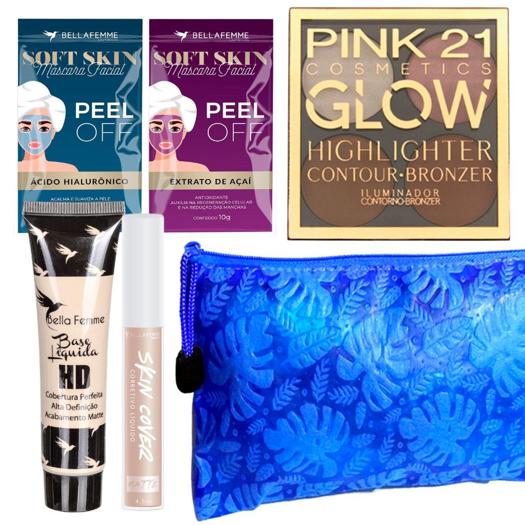 Kit de Maquiagem Base e Corretivo Liquido Sachê Facial Paleta de Contorno Iluminador
