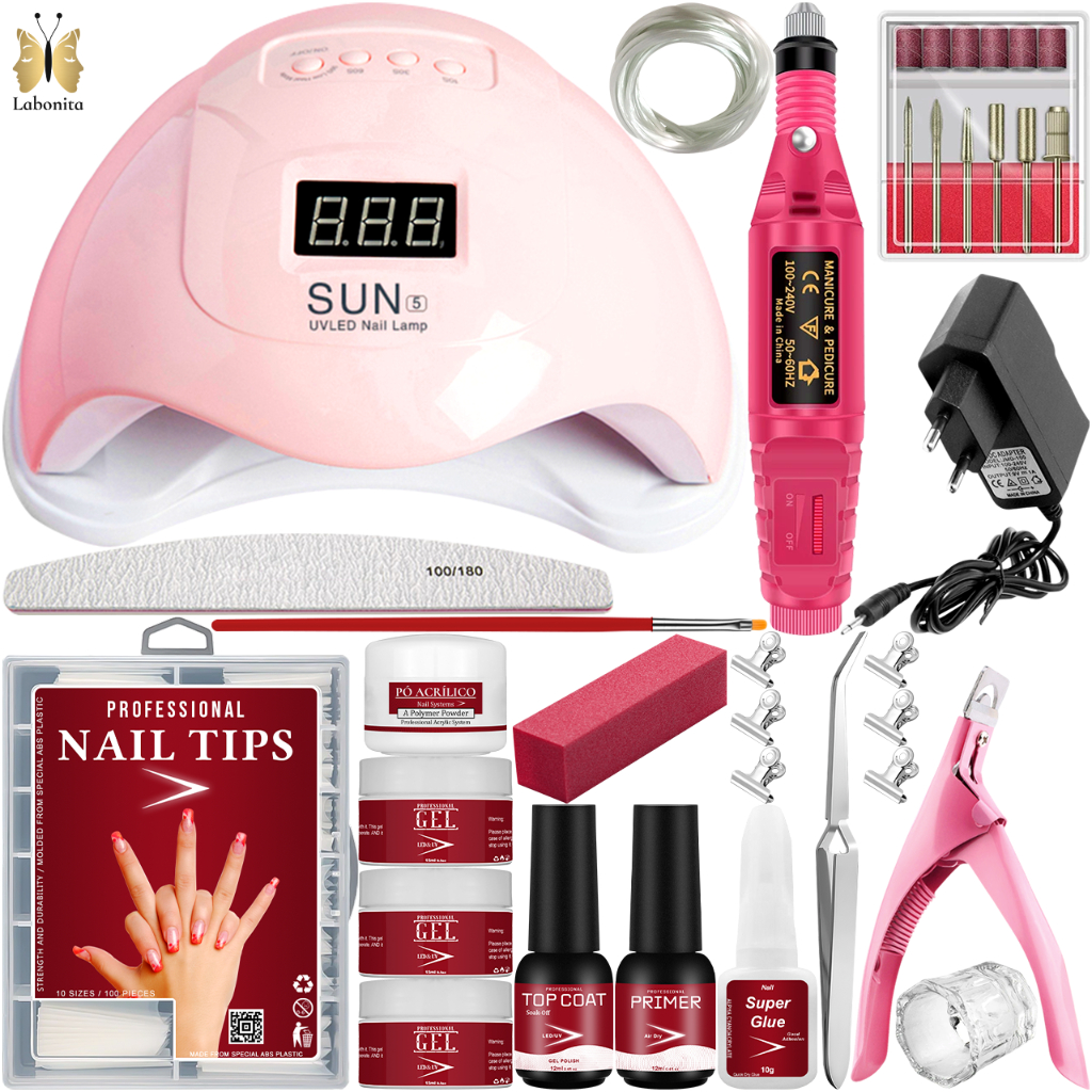 Kit de Unha Gel Completo Acrigel Porcelana Fibra de Vidro com Motor de Unhas Manicure Profissional