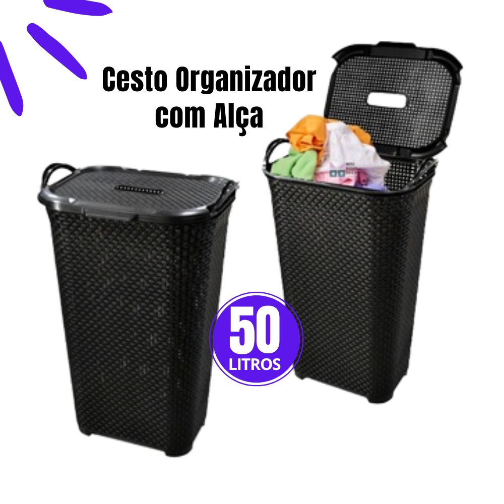 Cesto de Roupa Grande 50 Litros Com Alça Para Roupas Com Tampa Rattan