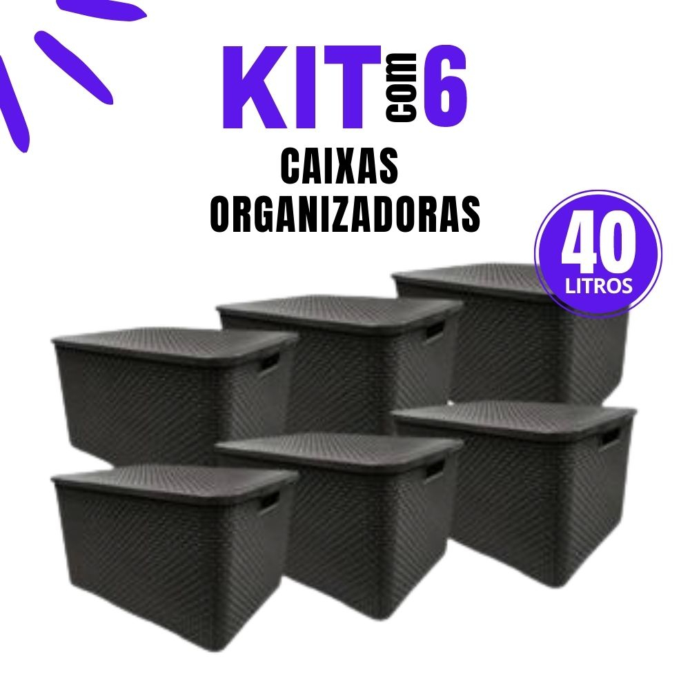 Kit 6 Caixas/Cestos Organizador Rattan 40 Litros Preto Com Tampa