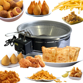 Fritadeira elétrica tacho de 12 litros 43cm boca base em aço inoxidável 2500W 110 ou 220V com termostato controle da temperatura frituras rápidas sequinhas e crocantes tacho fritador em aluminio cesto aramado envio imediato com nota fiscal e garantia