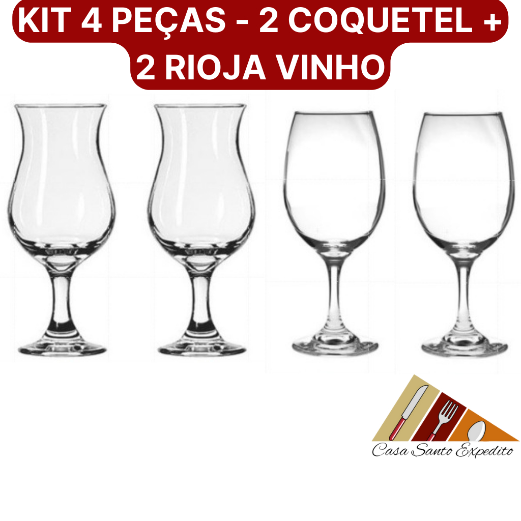 KIT 4 PEÇAS TAÇA DE VIDRO 2 COQUETEL + 2 RIOJA VINHO 650ML NADIR FIGUEREDO