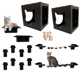 Kit Playground Gatos 14 peças Cor Preto com Nicho Gato Prateleiras Ponte e Degraus - Suporta Gatos de Até 5kg