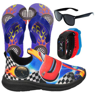 Tênis Infantil Masculino Sonic Carros Preto Básico Bebê Com Kit Chinelo Óculos Relógio