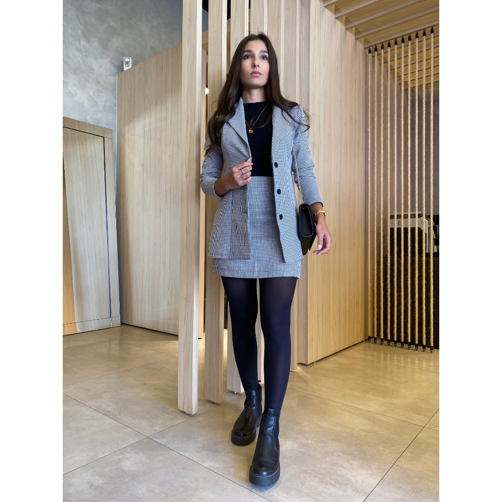 Conjunto Blazer E Saia Feminino Alongado Jaqueta - Xadrez