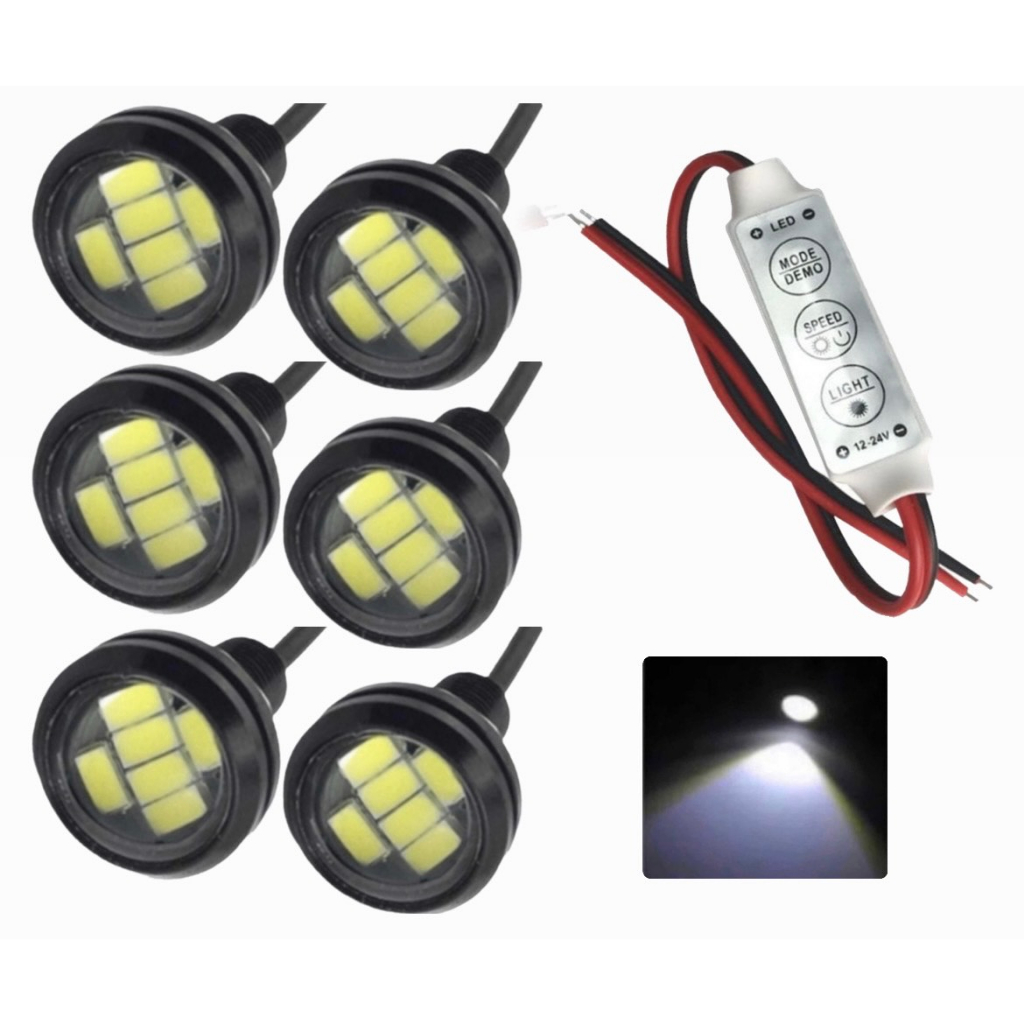 Kit 6 Led Olho Águia Parafuso 23mm Para Som Viatura 12v Strobo + Central Controladora