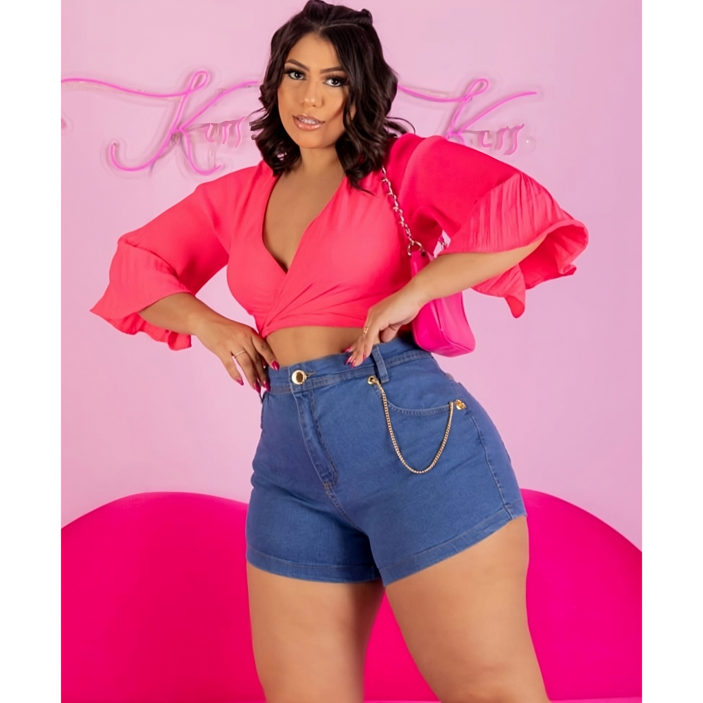 Short jeans Feminino Plus Size  c/ Lycra  Biju incluso em Oferta na Shopee