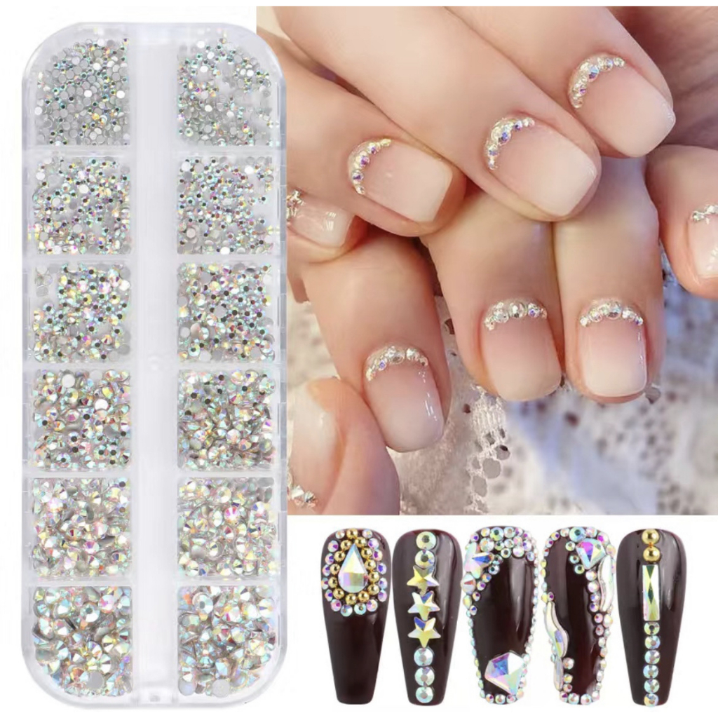 Kit 12 Strass Decoração Unhas Transparente colorido Encapsular Com Caixinha Organizadora Jóia