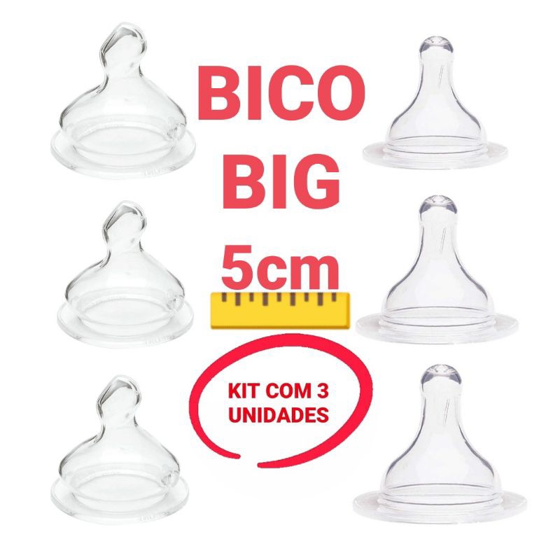 Kit com 3 Bico Big de Mamadeira Grande de Silicone Fase 2 Redondo ou Ortodôntico