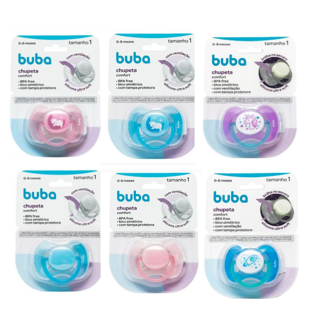 Chupeta Buba Com Tampa Protetora Bico de Silicone Simétrico Comfort Ultra Soft Ventilação ...