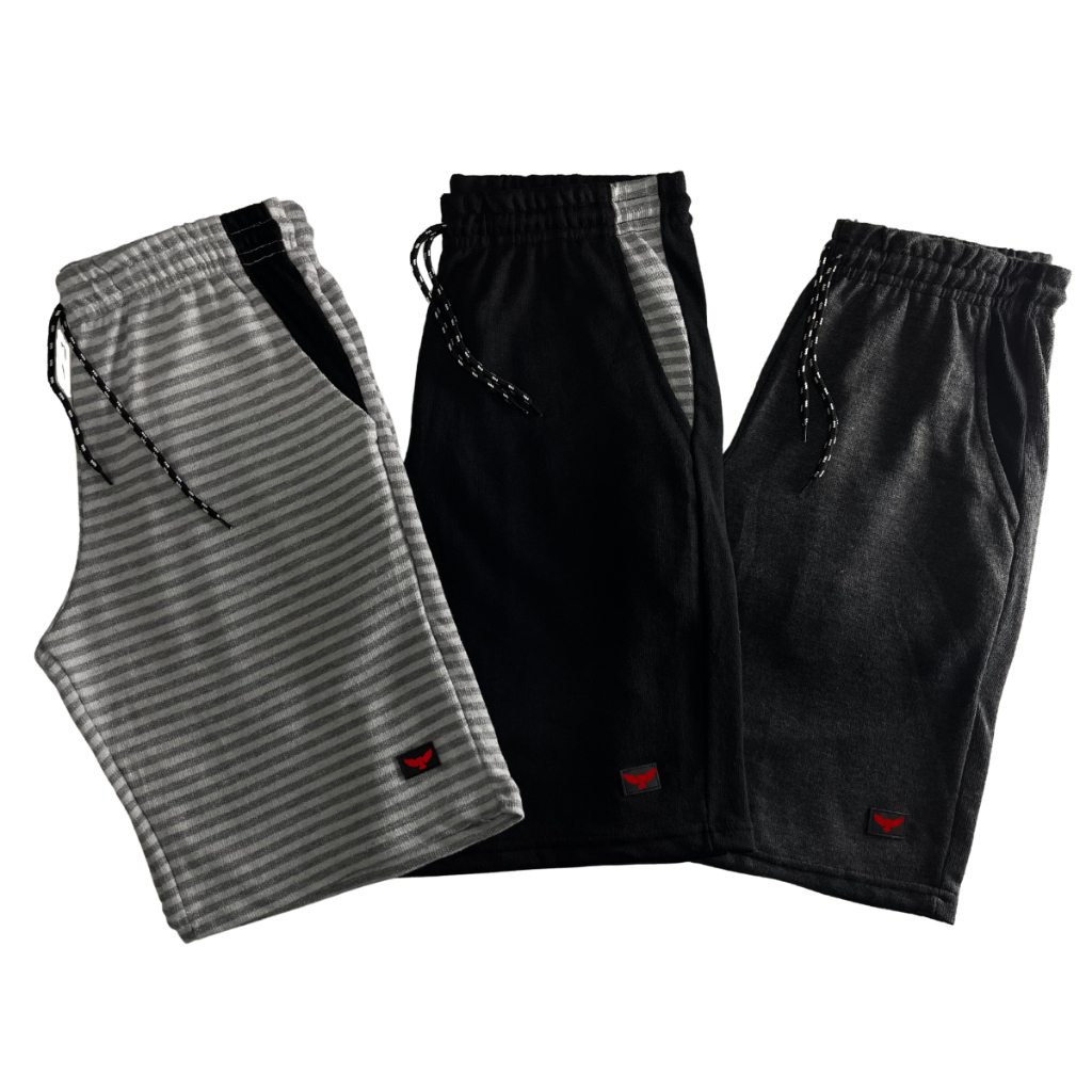 kit 3 Bermudas Moletom Academia Treino Masculinas Listrada 100% Algodão Cores Sortidas Bolso 2