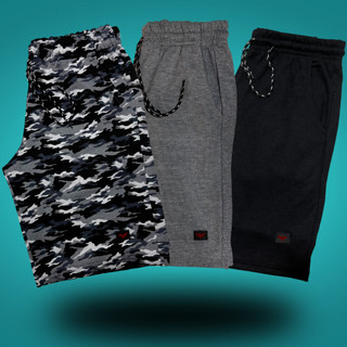 Kit 3 Bermudas Moletom Masculina Camuflada Listrada Lisa Sortidas Desenho Academia Treino