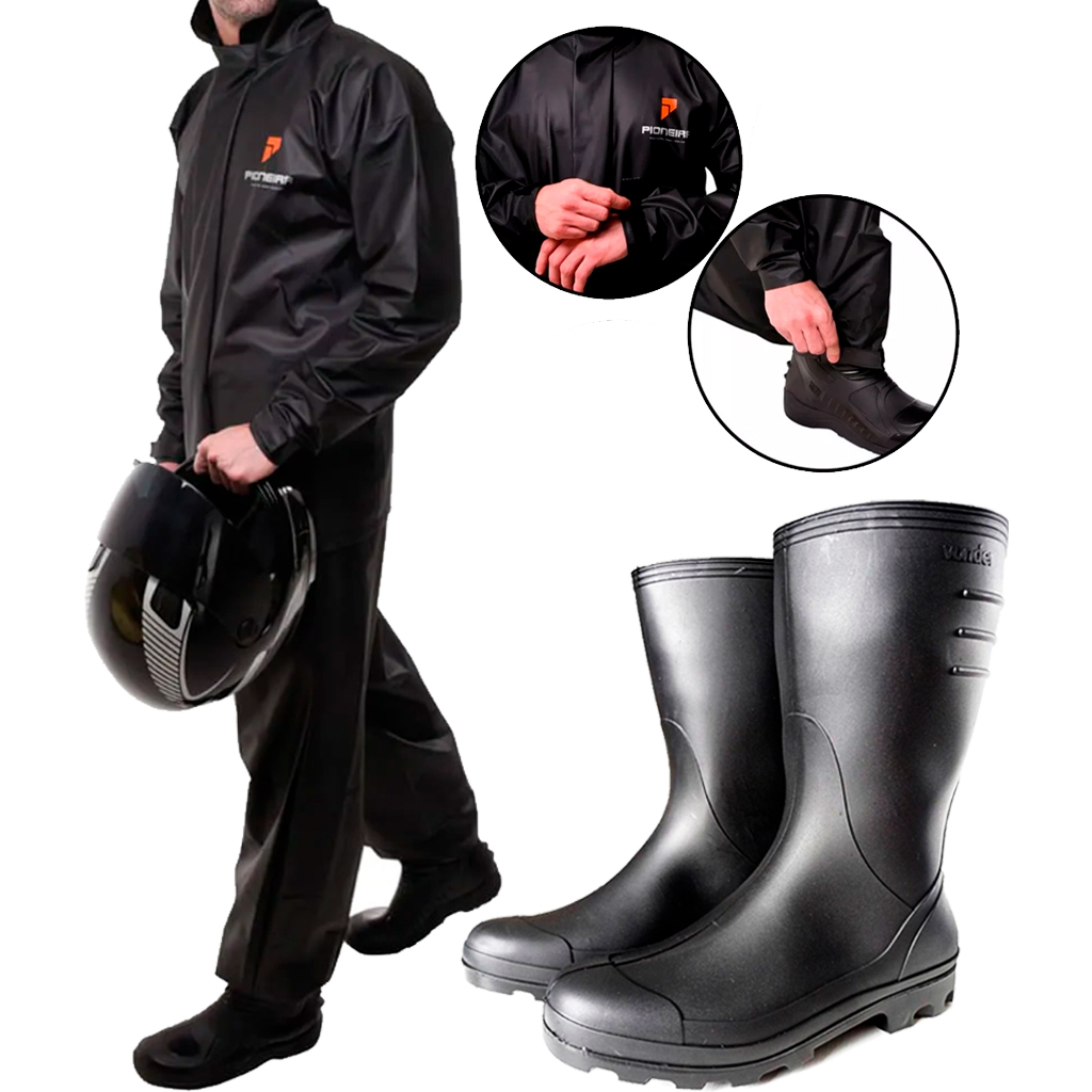 Capa De Chuva - Conjunto Calça Jaqueta Impermeavel Luxo Pvc Pioneira - Moto / Motoboy / Motoqueiro + Bota Borracha em Oferta na Shopee