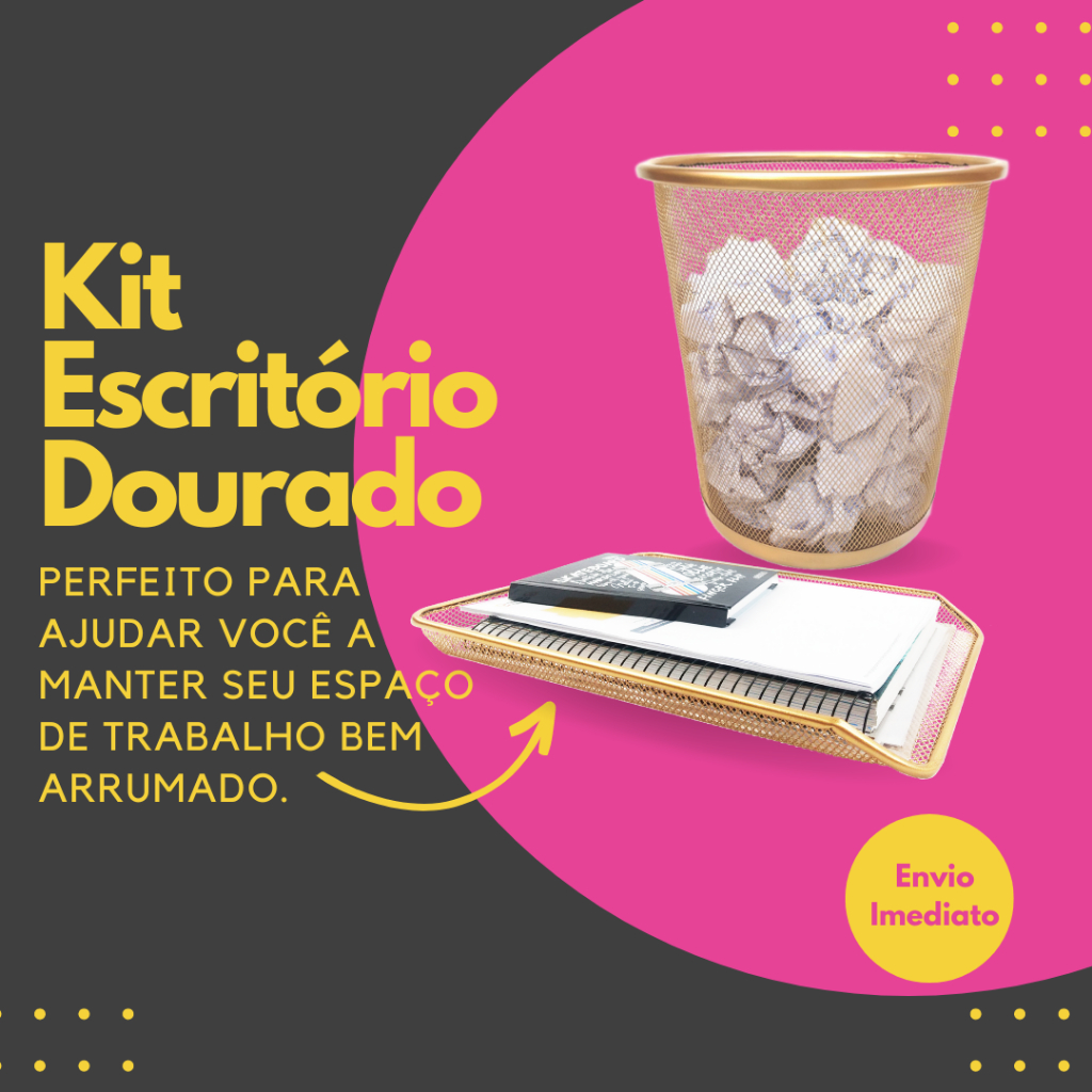 Kit Escritório Lixeira Bandeja Dourado Aramado Organizador de Papel Dourado