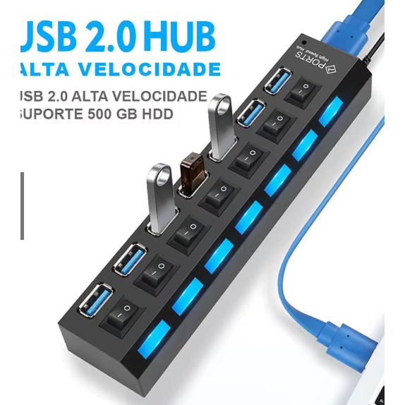 Hub Usb 2.0 7 Portas Pen Drive Teclado 480mbps Hd ML-2021