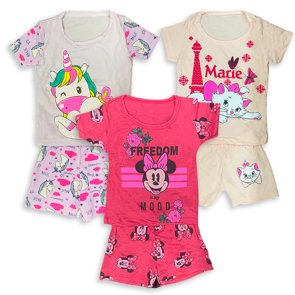 Kit 04 Peças 2 Conjuntos Pijama Infantil Menina Verão Manga Curta 100% Algodão Estampado