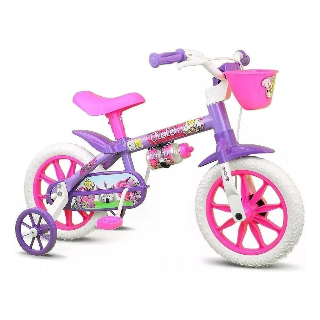 Bicicleta Infantil Nathor Violet Aro 12 Freio Tambor Com Rodas De Treinamento Com Cesta e Garrafinha - Mom & Baby