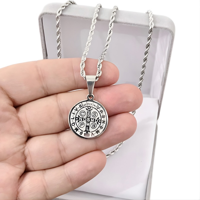 Medalha São Bento Duplaface + Cordão Baiano Aço Inoxidavel Prateado 45/60/70cm em Oferta na Shopee