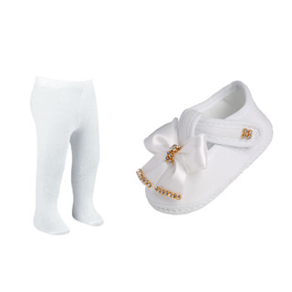 Kit Sapatinho Bebê Menina Laço Cetim E Meia Calça Rn Festa. Ref.203 Branco