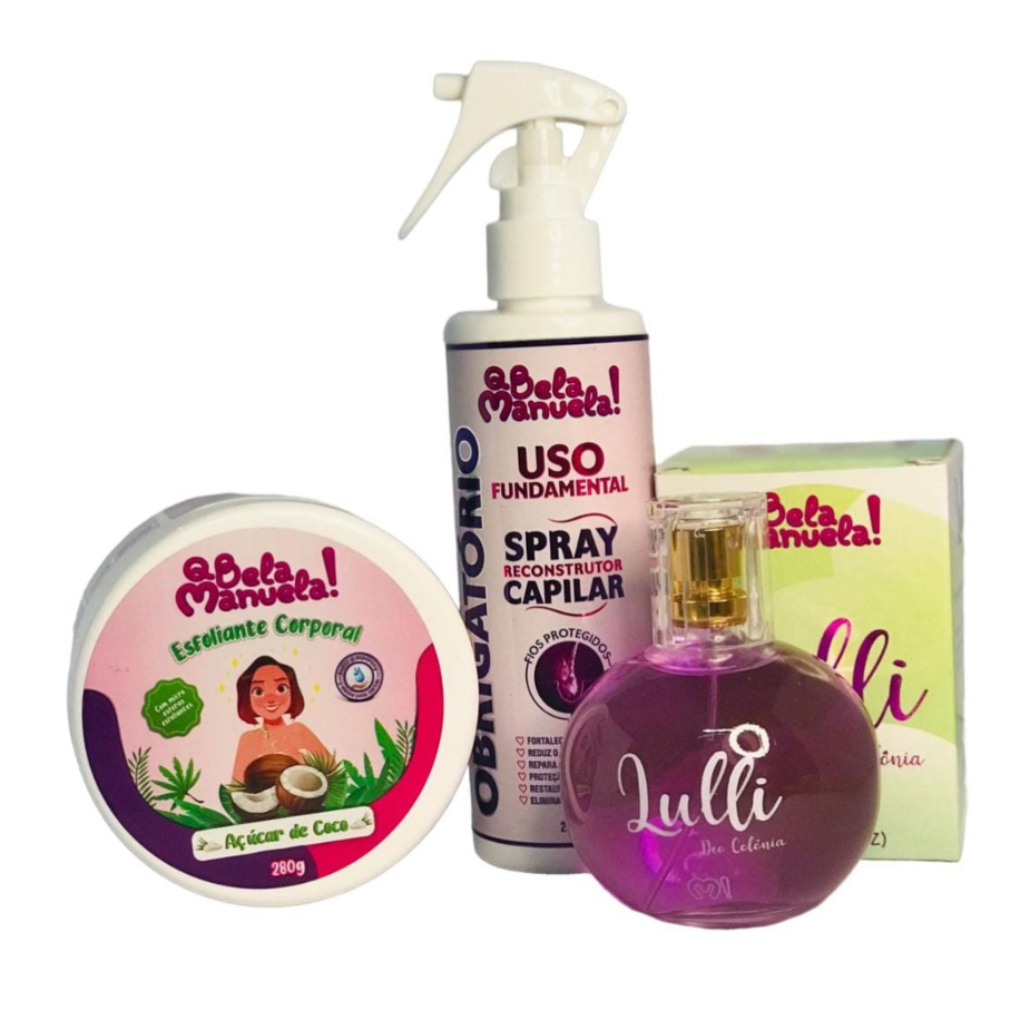 Kit Spray Uso Fundamental+Esfoliante Corporal Açúcar De Coco+Perfume/Colonia Lulli QBela Manuela!