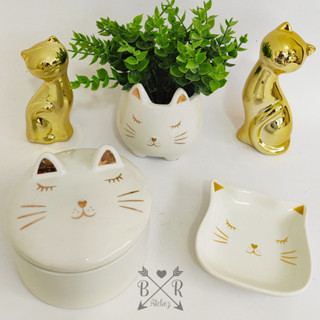 Kit Porta Anel Gatinho Porta Jóia Pratinho Casal de Gatos de Cerâmica Decorativo