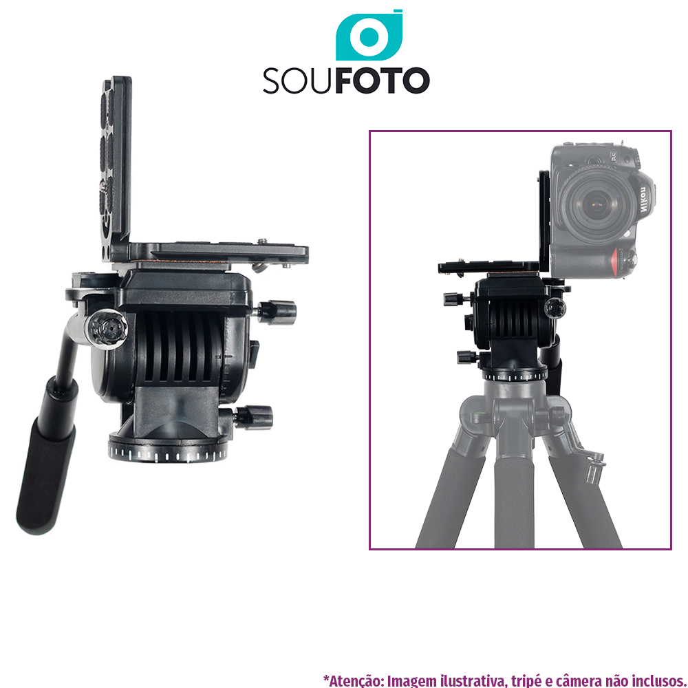 Kit com Cabeça Hidráulica de Tripé com Suporte em L pino 1/4 para Câmera Acessório Estúdio Foto Vídeo
