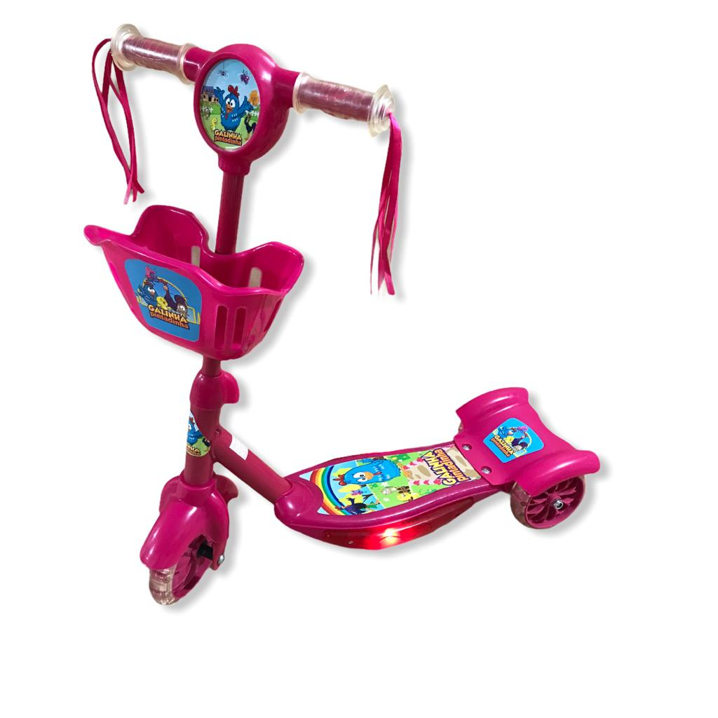 Patinete Galinha Pintadinha Rosa Cestinha infantil 3 rodas Som e Luzes