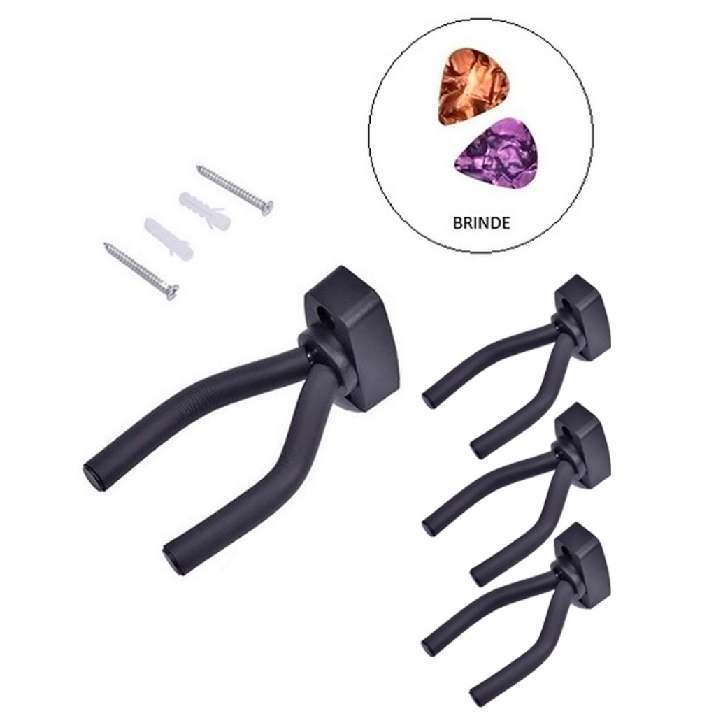 Kit 4 Suportes de Parede Violão Cavaquinho Ukulele Guitarra Violino + 2 Palhetas
