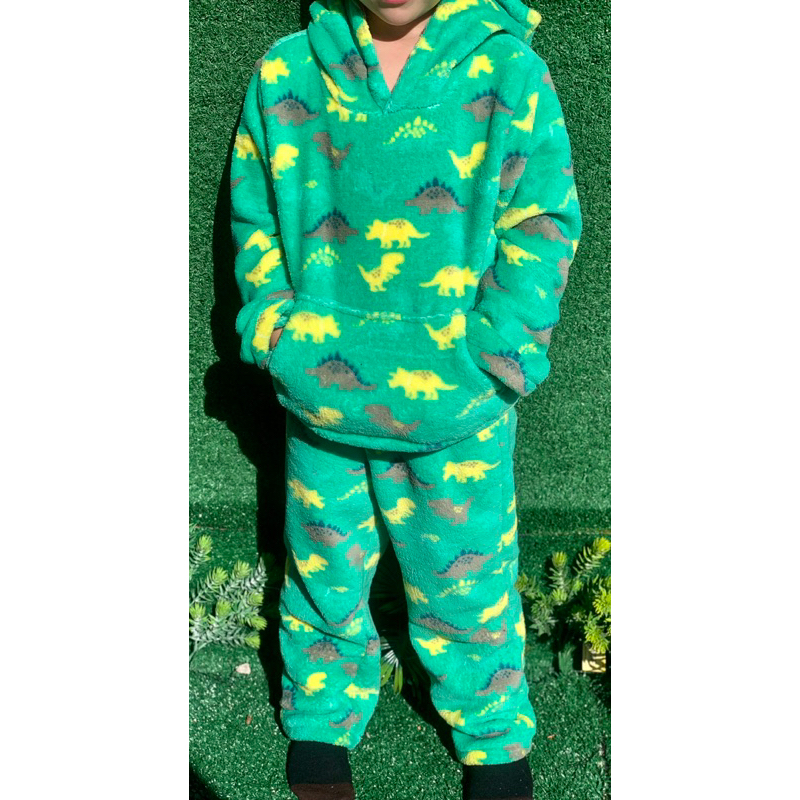 Conjunto pijama infantil em fleece com touca e bolso para menina e menino tamanhos 2 ao 16...