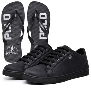 Kit Polo Fran Sapatênis Preto Casual Skatista Básico + Chinelo Sandália