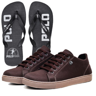 Kit Polo Fran Sapatênis Marrom Casual Skatista Básico + Chinelo Sandália