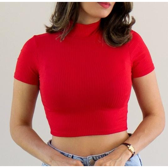 Blusa cropped feminino tecido canelado manga curta gola alta sem bojo qualidade confortável