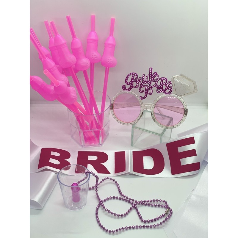 kit despedida: 10 canudo Pink , 1 óculos bride , 1 faixa bride pink e 1 copinho shot pink