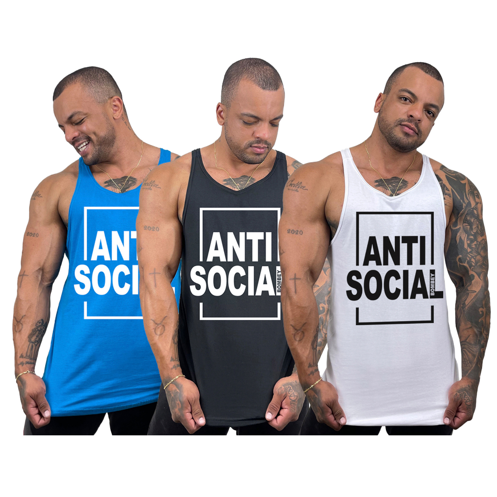 Kit 3 Regatas masculina cavada em algodão Bombey - Anti Social