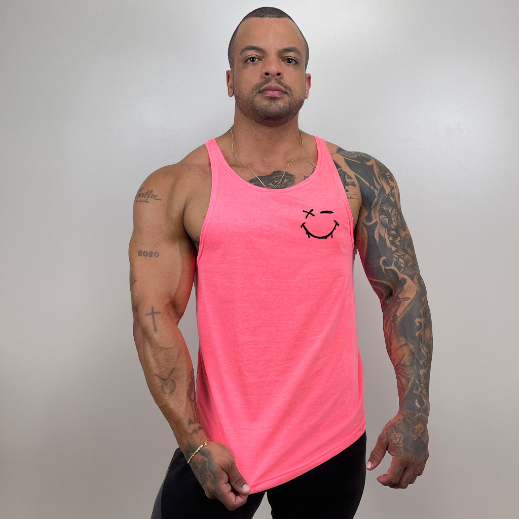 Regata Masculina Cavada em Algodão Bombey Estampas - Rosa Neon