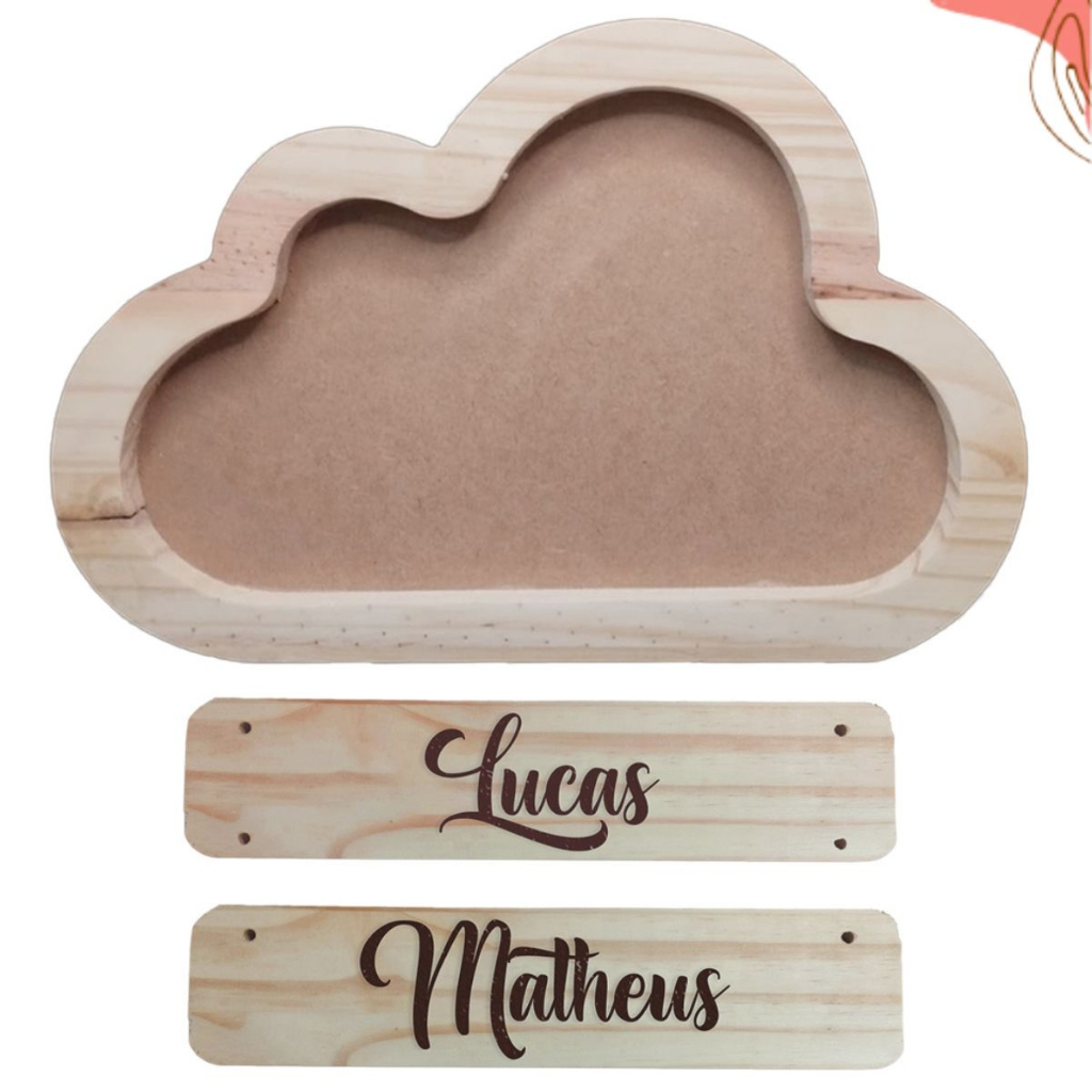 Porta Maternidade Nuvem Personalizada Duas Plaquinhas Gêmeos Pinus MDF Quarto Bebê Decoração Infantil