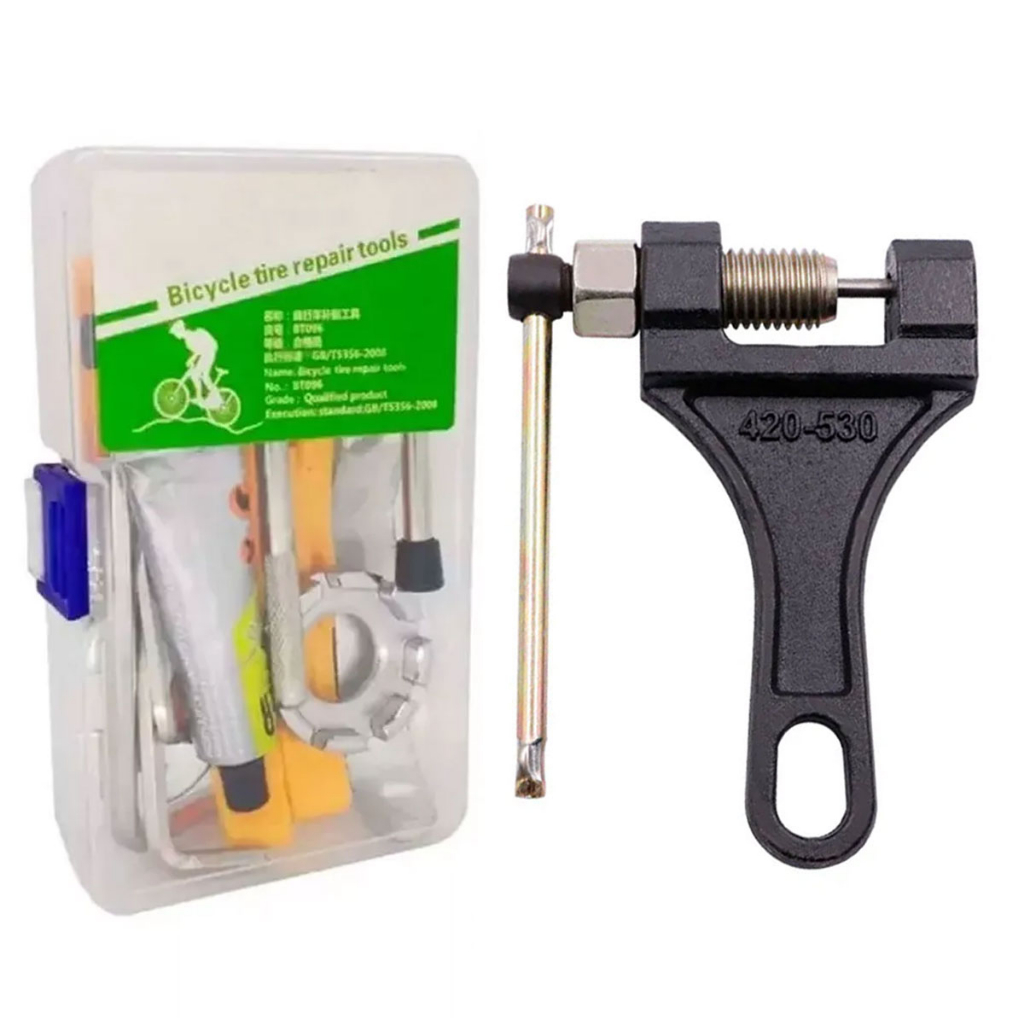 Chave Extrator De Corrente De Moto Saca Pino Tamanho 420/530 + Kit Ferramenta Estojo Remendo De Pneu Bike Bicicleta Acessórios