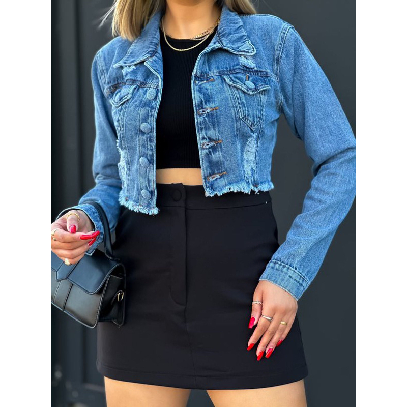 Jaqueta jeans feminina P M G GG manga longa destroyed modelo cropped moda blogueira em Oferta na Shopee