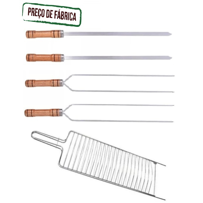 Kit Churrasco Grelha Dupla + 4 Espetos Cabo Madeira de 65 cm Para Peixes Carnes Frangos Linguiça Churrasco