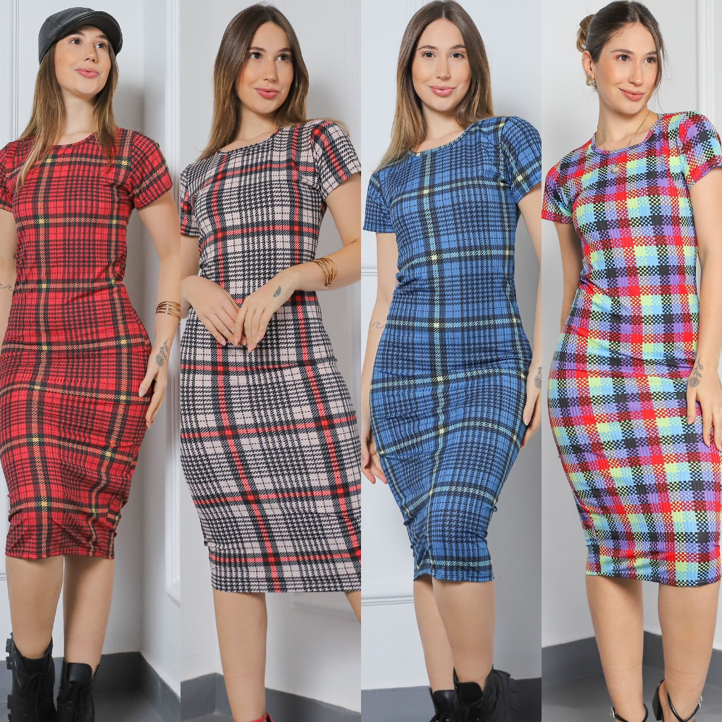 Vestido Midi Xadrez Moda Roupa Manga Curta Feminina Inverno Moderna Mulher Casual Sexy Festa Junina Blogueira Gestante
