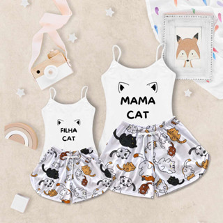 Conjunto Kit Tal Mãe e Filha Pijama Feminino Gato