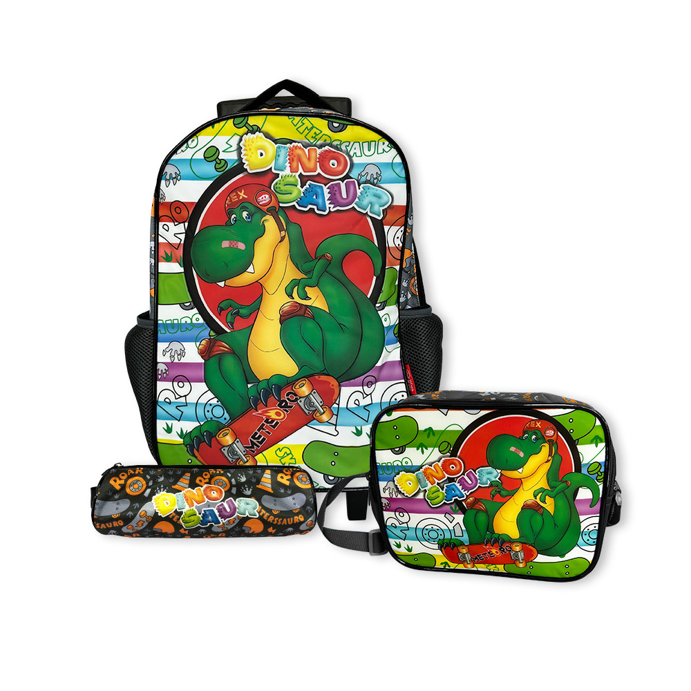 Kit Mochila Grande de Rodinhas Reforçada Escolar Infantil Viagem com Estojo e Lancheira Térmica Masculina - Dinossauro 3 Peças