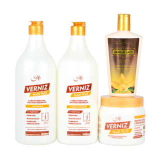 Kit Capilar Banho Verniz Hair Plus - Shampoo, Condicionador 1L, Máscara e Creme Corporal Naxos