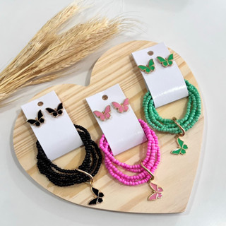 Conjunto 1 mix pulseiras miçangas e 1 brinco borboleta feminino resina esmaltado folheado