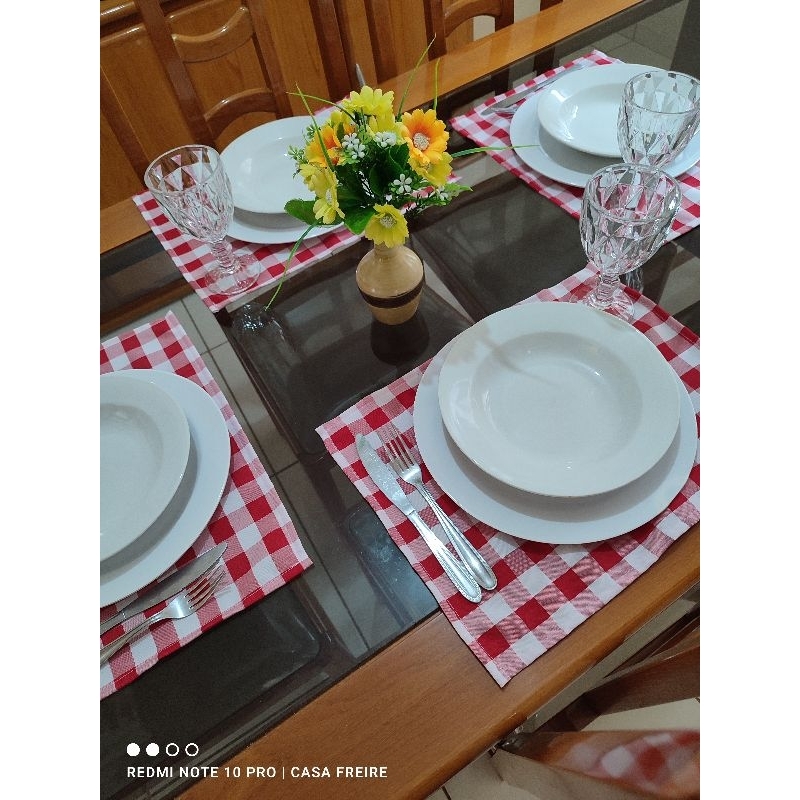 kit jogo americano xadrez vermelho com 4 unidades/mesa posta em Oferta na Shopee