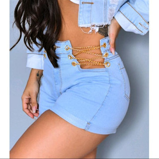 Short Jeans Com Lycra Feminino Cintura Alta Com Corrente Jeans Curto