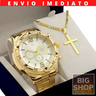 Masculino Relógio Dourado Aço Luxo Dourado Gold 18k + Colar Correntinha Ouro + Pingente Cruz