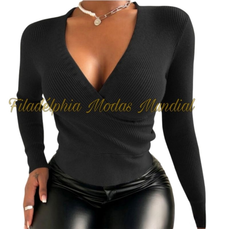 Tendência inverno 2025 Blusa decote V transpassado tecido canelado PP P M G GG em Oferta na Shopee