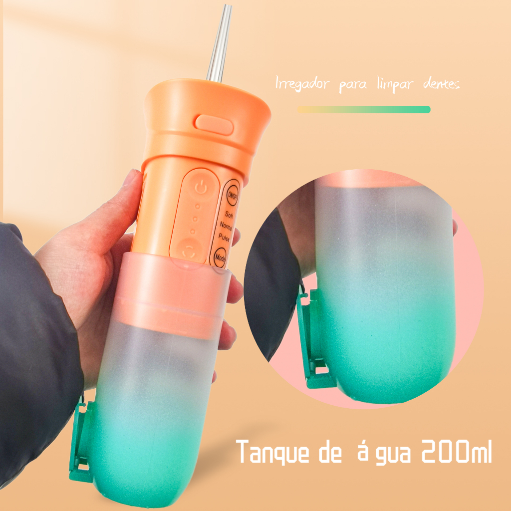 Irrigador Dental Oral Fio Dental 200ml Recarregável Portatil com 3 Modos DIY E Dicas limpador de dental Para família ou viagem Com 4 bicos profissionais