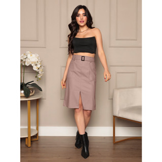 Saia Couro C5025 Com Cinto tem bolso Moda Feminina